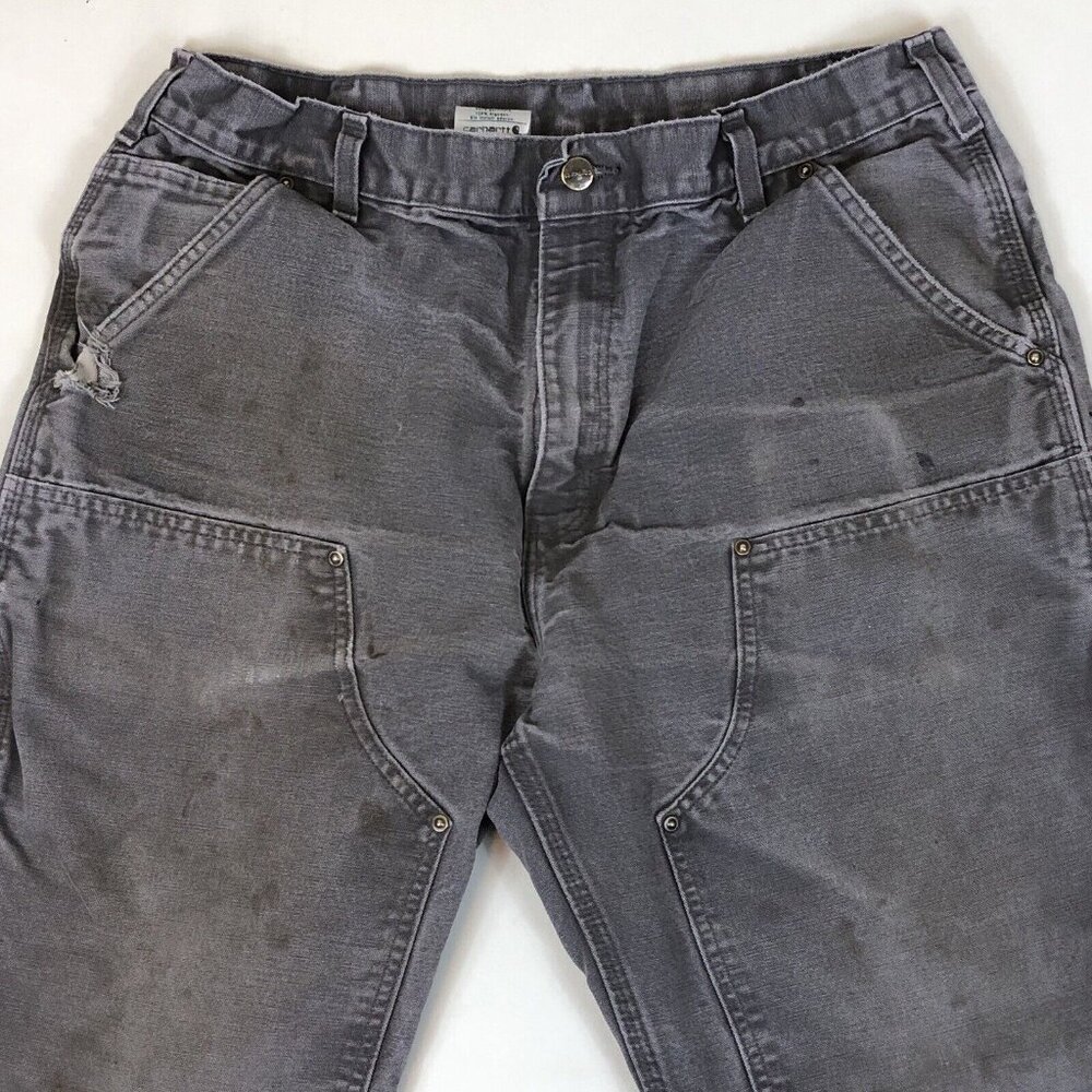 Carhartt B136 Gray Double Knee Carpenter Canvas Work Pant Distressed Tag 35x30 - Picture 2 of 9